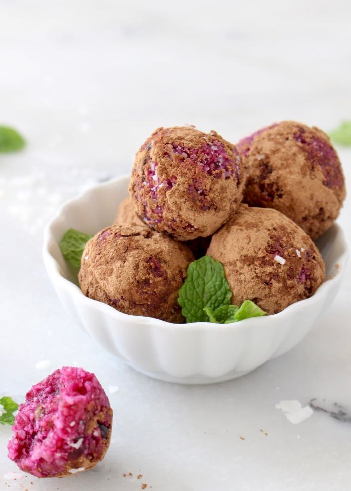 Vegan Coconut Date Balls Rolled in Raw Cacao Powder
