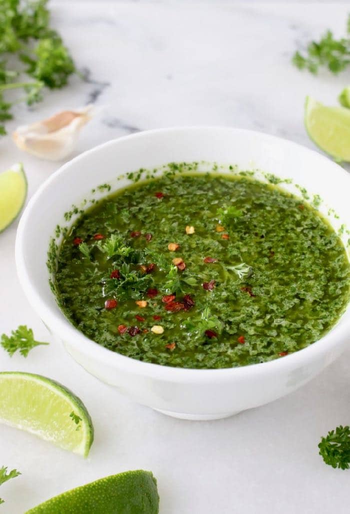 Easy Vegan Chimichurri Sauce Recipe with Parsley, Oregano, Garlic and Lime