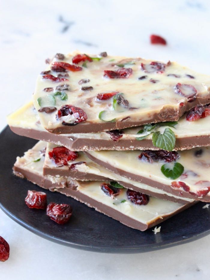 Vegan Christmas Chocolate Bark Recipe with Cranberries and Mint
