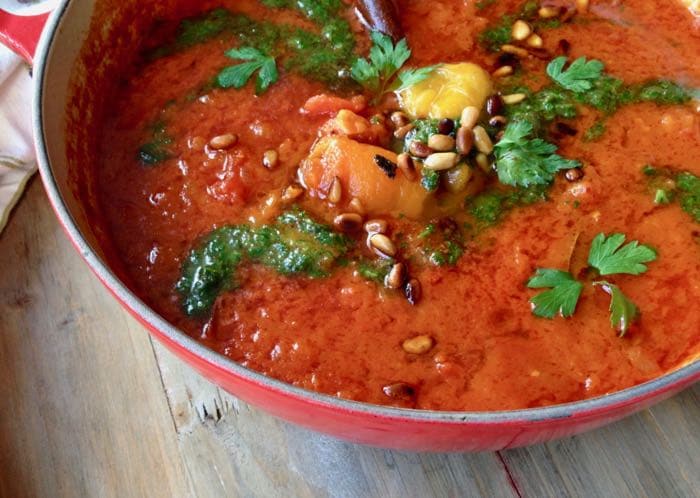 Vegan Roasted Red Pepper Tomato Soup with Pesto and Basil
