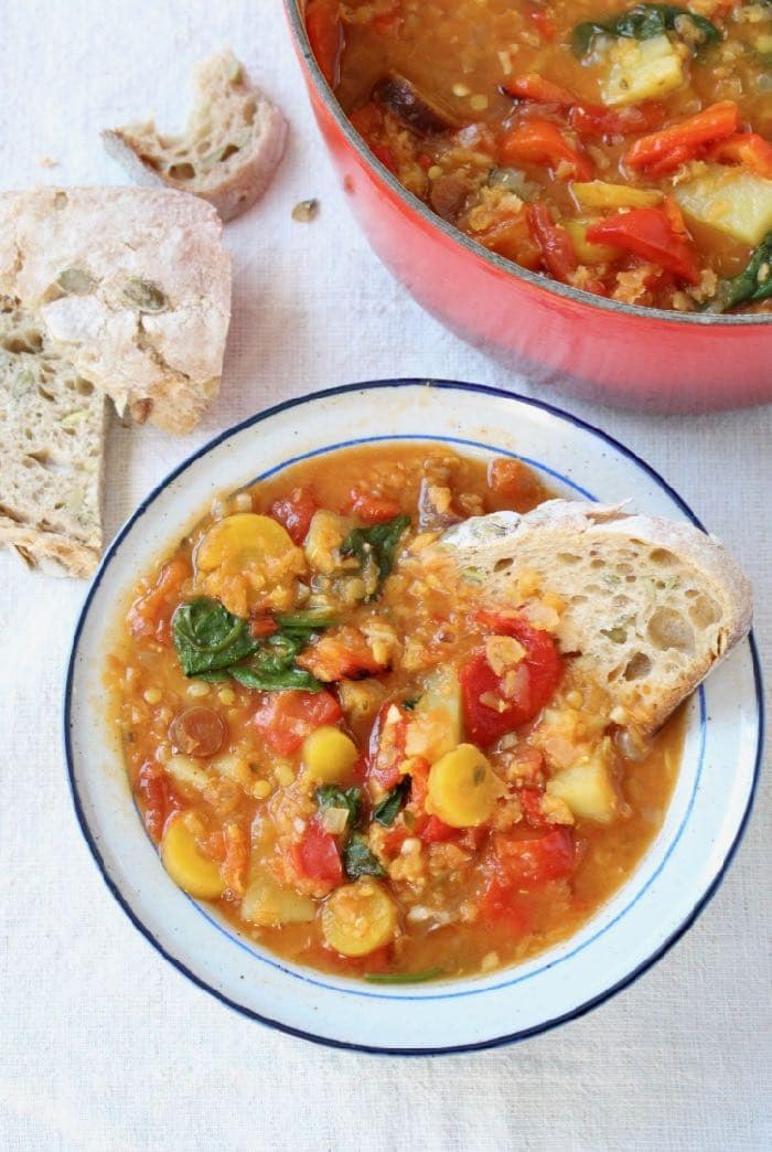 Vegan Red Lentil Stew Recipe with Spinach and Potatoes