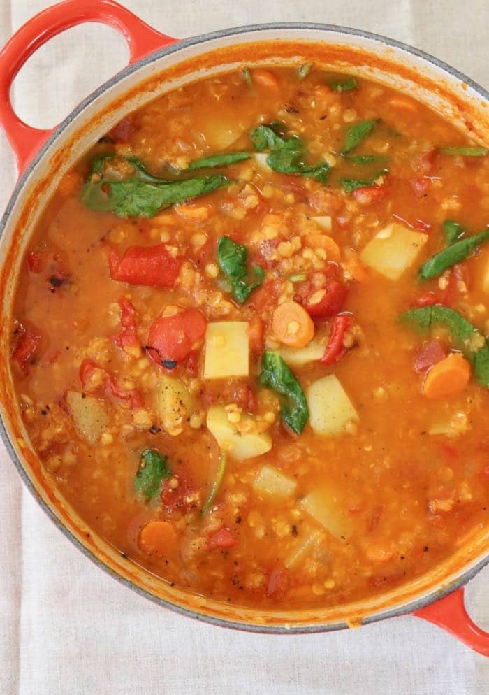 Vegan Red Lentil Stew Recipe with Spinach, Potatoes and Roasted Peppers