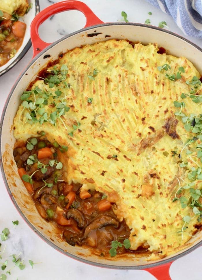 the Best Vegan Shepherd’s Pie Recipe with Red Wine Mushroom Gravy and Mashed Potato Topping.