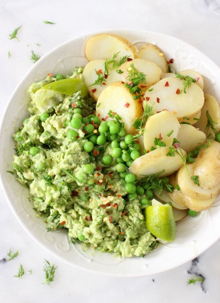 Vegan Avocado Potato Salad with Dill, Lemon and Green Peas