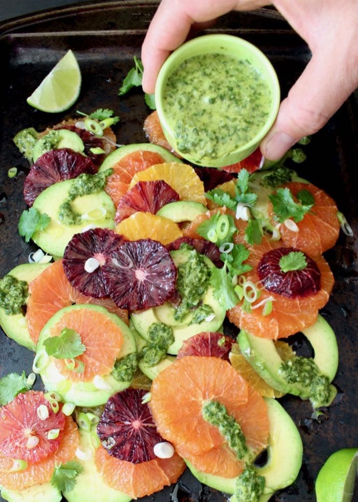 Blood Orange Avocado Salad with Scallion Cilantro Lime Dressing on Serving Platter
