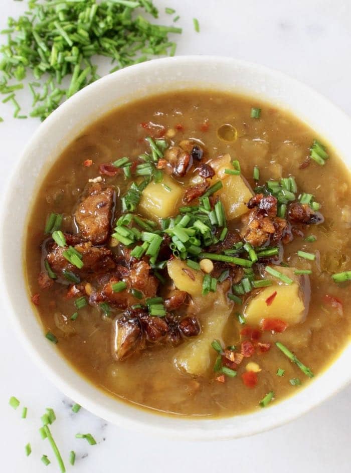 Cabbage Potato Soup with Smoky Tempeh - Vegan