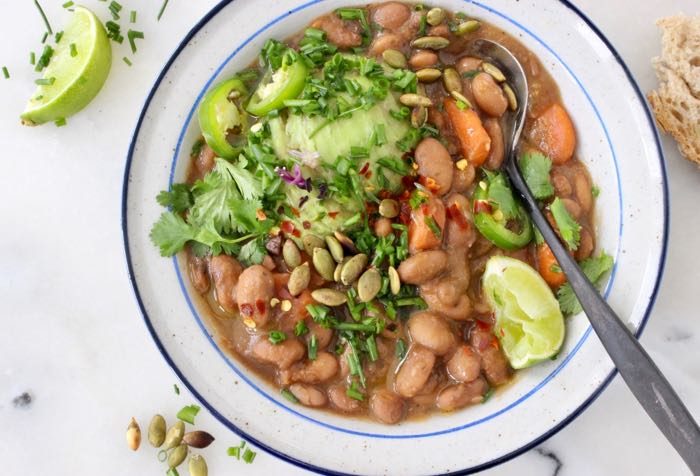 Vegan Pinto Bean Soup / Stew with Mexican Seasonings, Avocado and Lime