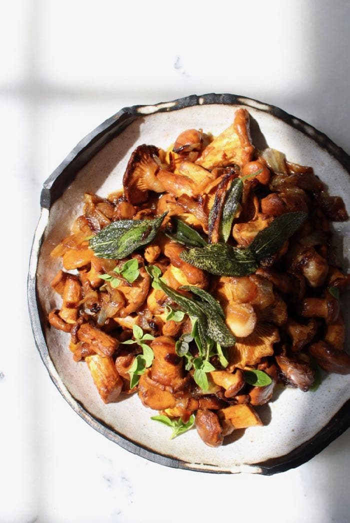 Sauteed chanterelle mushrooms with sage and caramelized onions