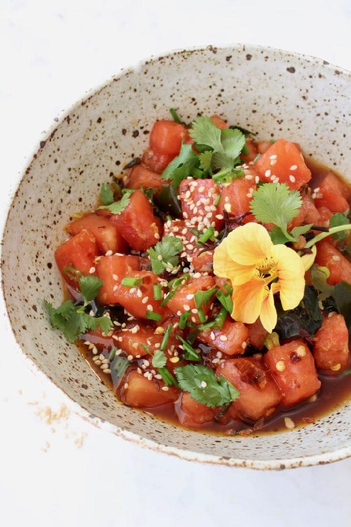 Watermelon Vegan Poke Bowls with Dressing and Sea Vegetables.