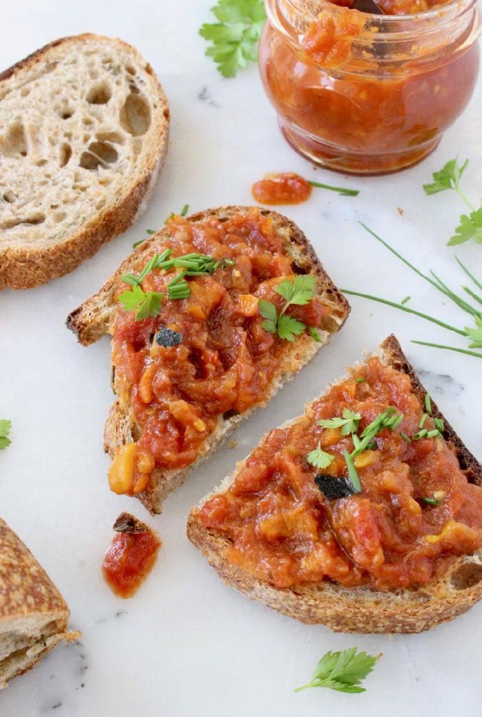 Zacusca - Roasted Vegetable Spread with Eggplant, Peppers and Tomatoes.