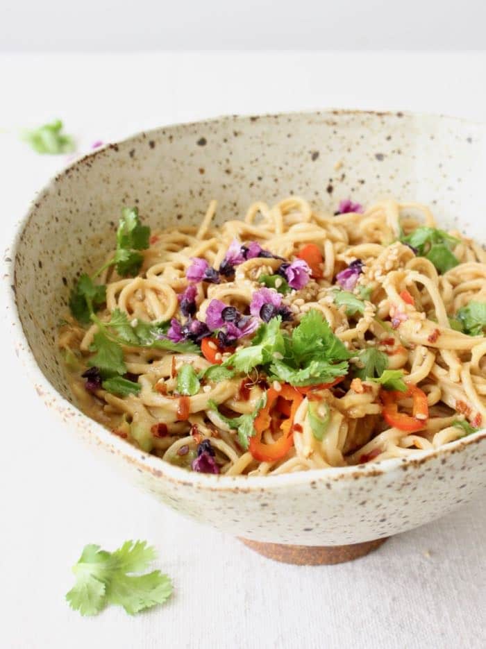 Cold sesame peanut noodles with garlic and ginger peanut sauce.