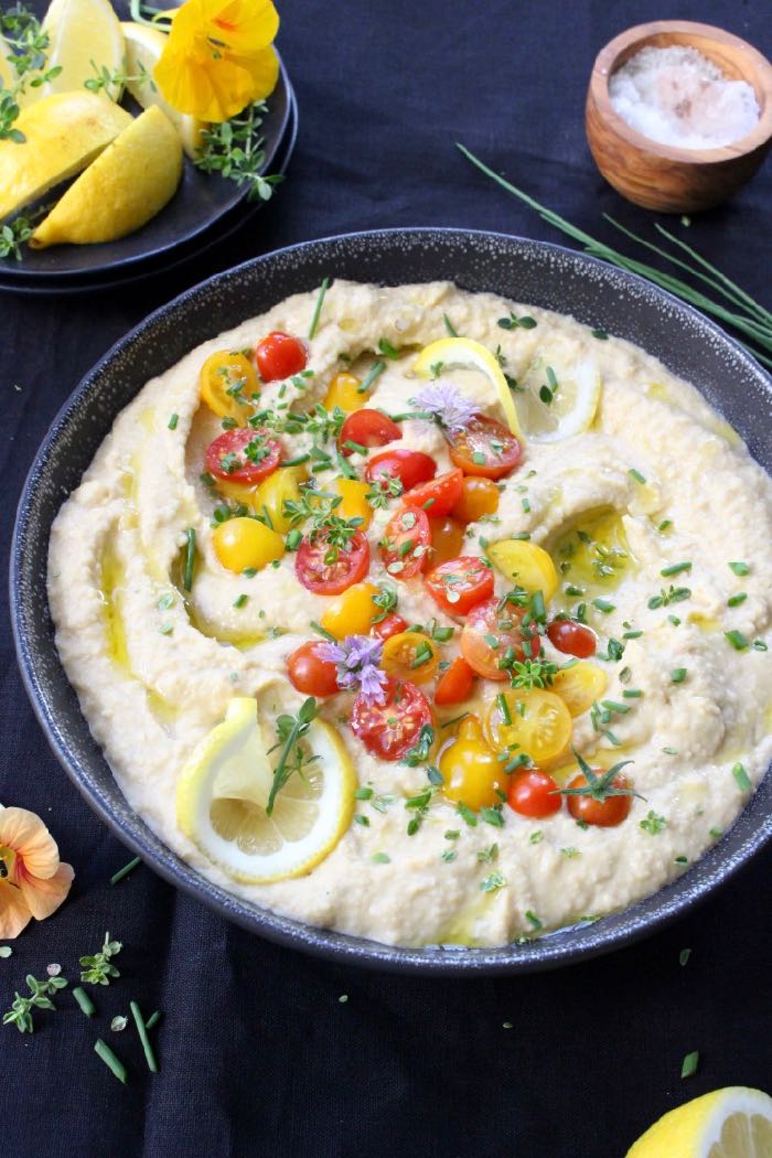 Simple Lemon Hummus Recipe with Garlic and Thyme (Vegan WFPB)