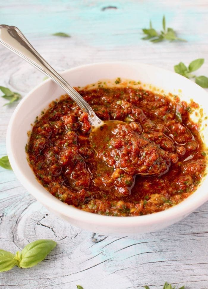 Sun Dried Tomato Pesto Recipe with Basil, Garlic, Pine Nuts and Olive Oil. An Italian Classic Sauce!
