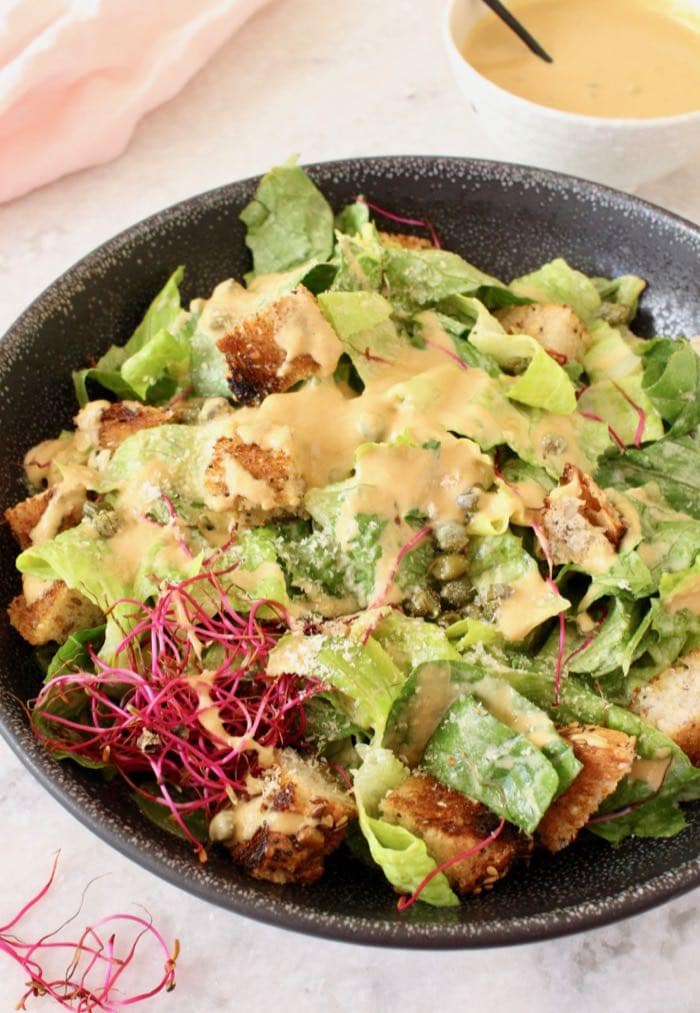 vegan caesar salad dressing with homemade garlic croutons