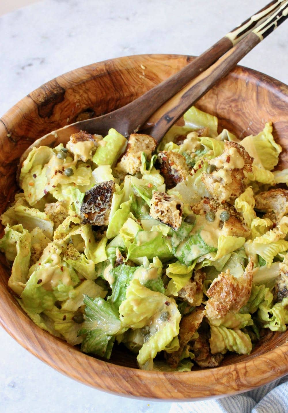 Vegan Caesar Salad Dressing with homemade bruschetta croutons