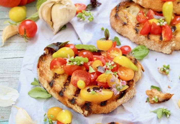 Vegan Tomato Bruschetta Recipe with Heirloom Tomatoes, Garlic and Basil.
