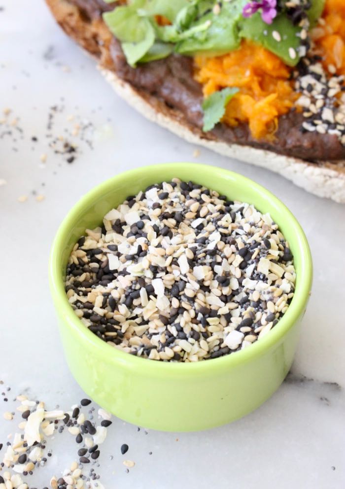 Everything Bagel Seasoning Mix Recipe: black and white sesame seeds, poppy, onion flakes, garlic and sea salt.