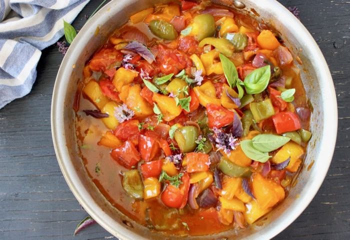 Italian Peperonata Sauce Recipe, a Southern Italian Pepper, Tomato and Onion Stew.