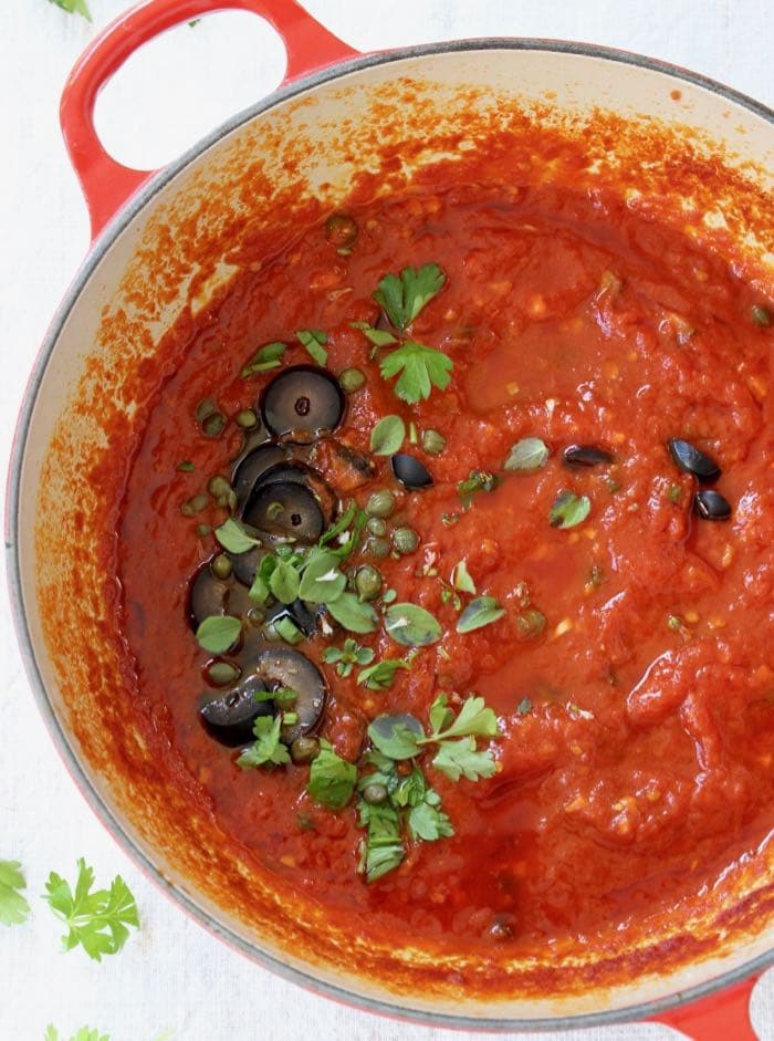 Vegan Puttanesca Sauce Recipe with Capers, Garlic, Olives and Sea Veggies.