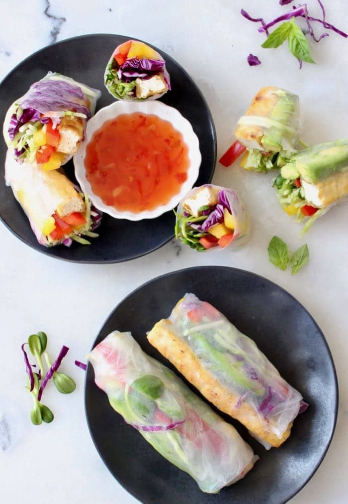 Vegan Spring Rolls with Crispy Tofu, Avocado and Sweet and Spicy Chili Sauce