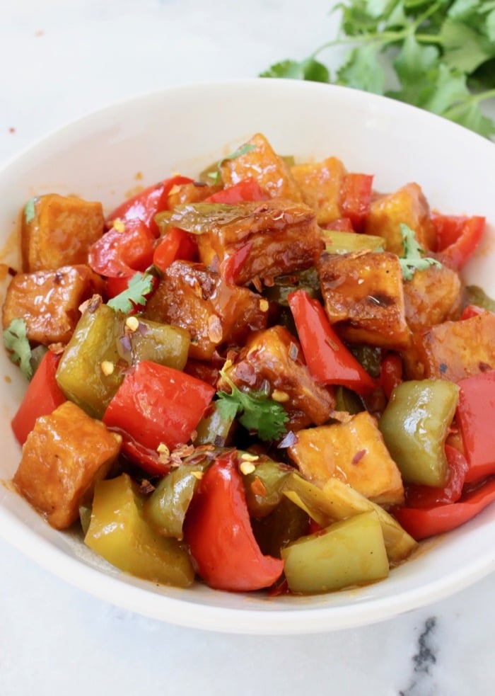 Sweet and Sour Tofu Recipe with Bell Peppers and Scallions (Vegan)