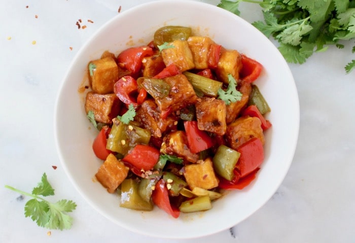 Sweet and Sour Tofu Recipe with Bell Peppers and Scallions (Vegan)