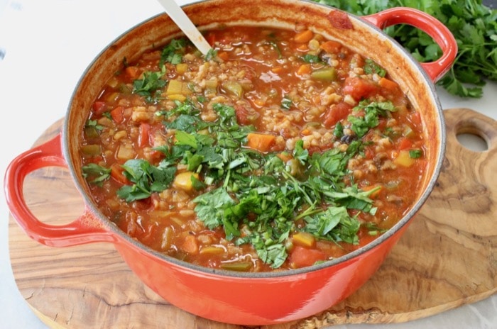 Big Pot of Easy Stuffed Pepper Soup Recipe with Mushrooms - WFPB Vegan