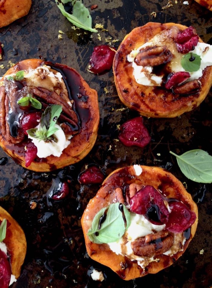 Roasted Sweet Potato Rounds Appetizers with Vegan Goat Cheese, Cranberries and Balsamic Glaze