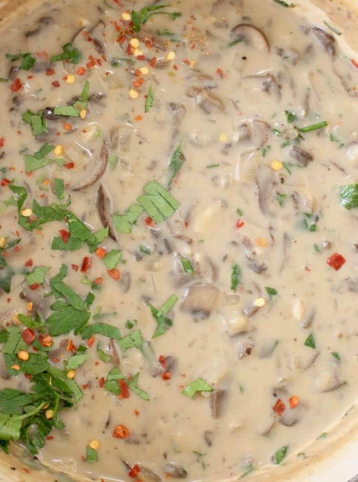 Simple vegan cream of mushroom soup recipe with silky coconut cream and loads of brown mushrooms. I can't believe it's vegan!
