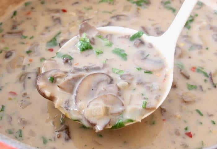 Simple vegan cream of mushroom soup recipe with silky coconut cream and loads of real sliced up baby bella mushrooms.