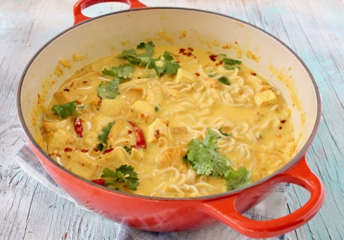 Easy Vegan Ramen Noodles Recipe with Tofu and Miso Coconut Broth.