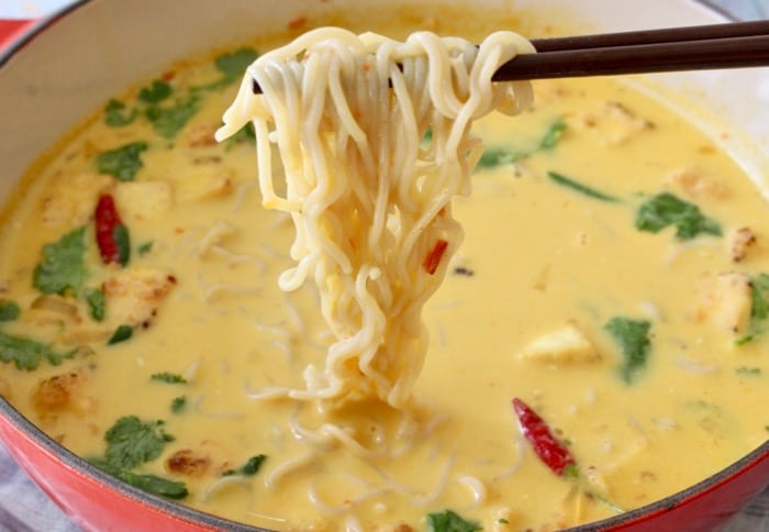 Easy Vegan Ramen Noodles Recipe with Tofu and Miso Coconut Broth.