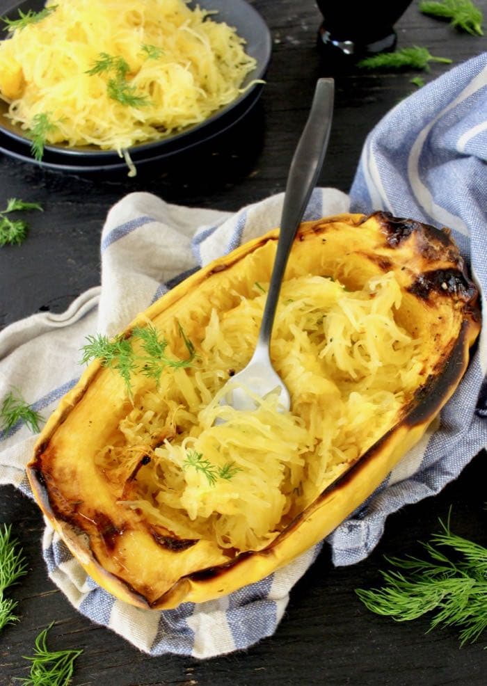 How to roast spaghetti squash halves in the oven with or without oil that comes out perfectly every time.