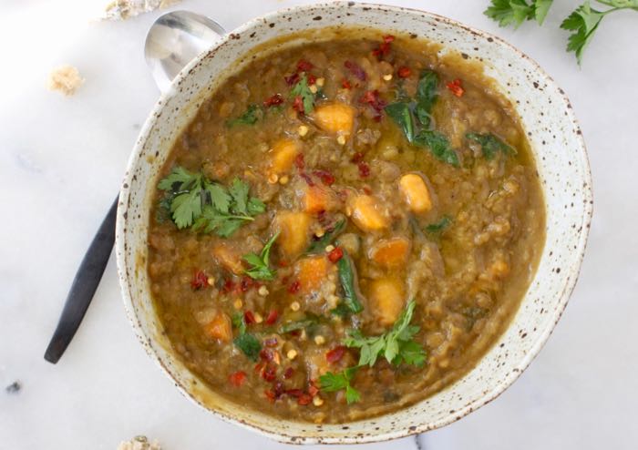 Moroccan Sweet Potato Lentil Stew recipe with cumin, coriander and smoked paprika. 