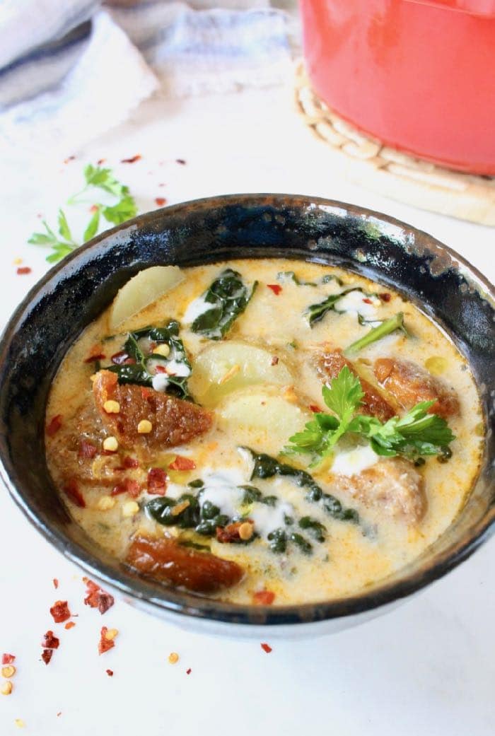 Homemade Vegan Zuppa Toscana with Potatoes, Sausage and Kale.