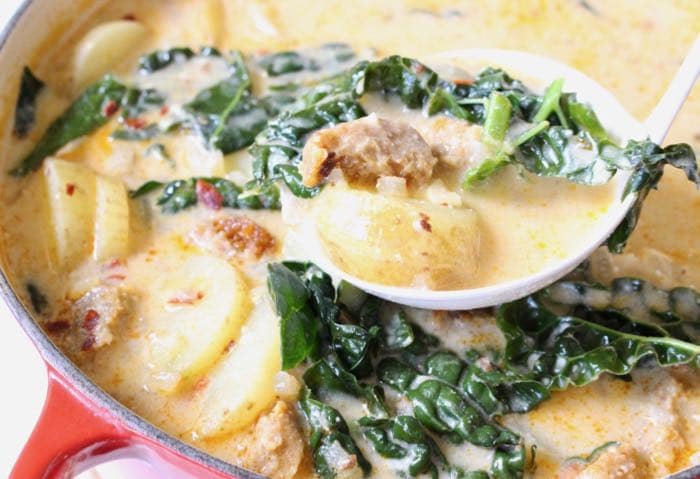 the Best Vegan Zuppa Toscana with Italian Sausage, Potatoes and Kale.
