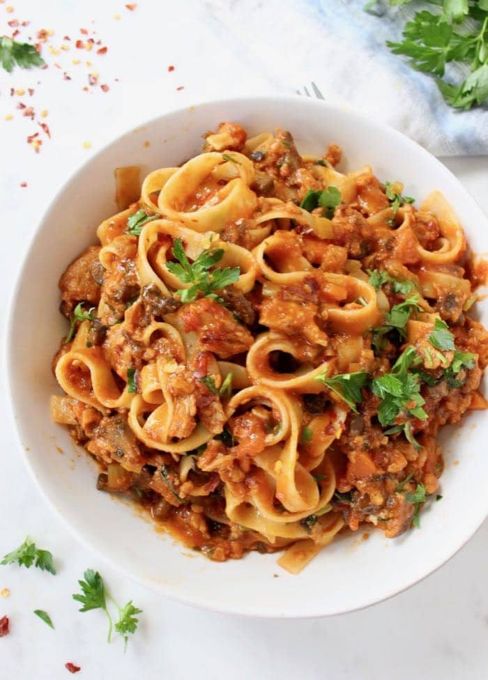 Healthy Vegan Bolognese Sauce with Fettuccine Pasta