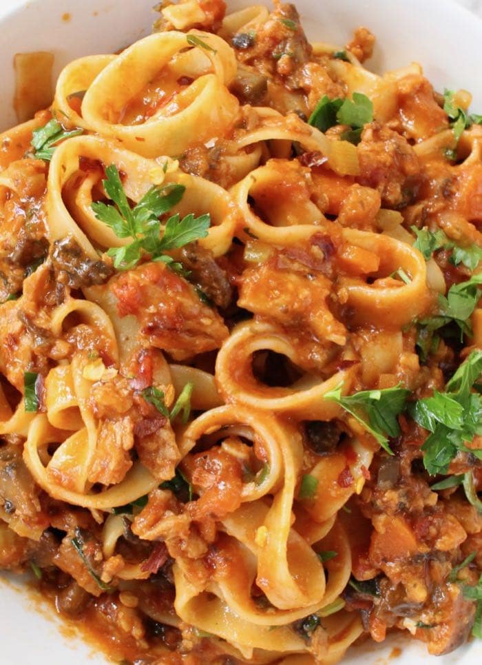Meaty Vegan Bolognese with Red Wine Tomato Sauce