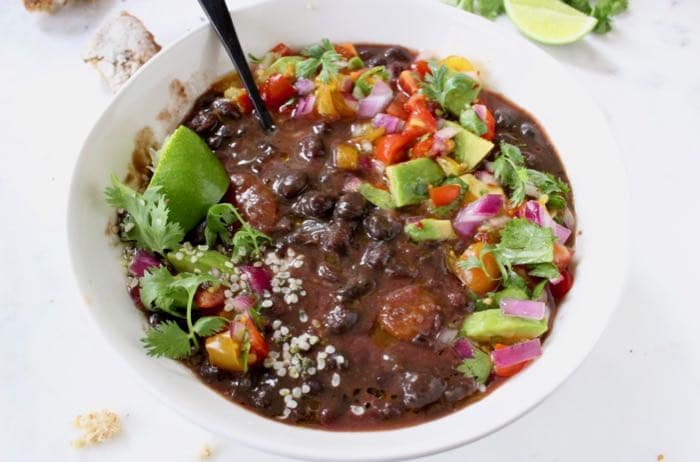 Healthy Vegan Black Bean Soup with Salsa and Lime