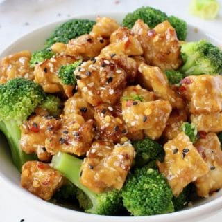 Air fried sesame tofu with broccoli and garlic ginger sesame sauce.