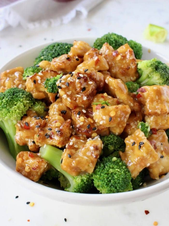 Air fried tofu with broccoli and garlic ginger sesame sauce.