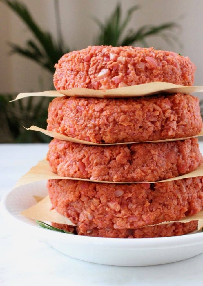 Vegan Burger Patties from Scratch with Brown Rice, Soy Crumbles and Beets