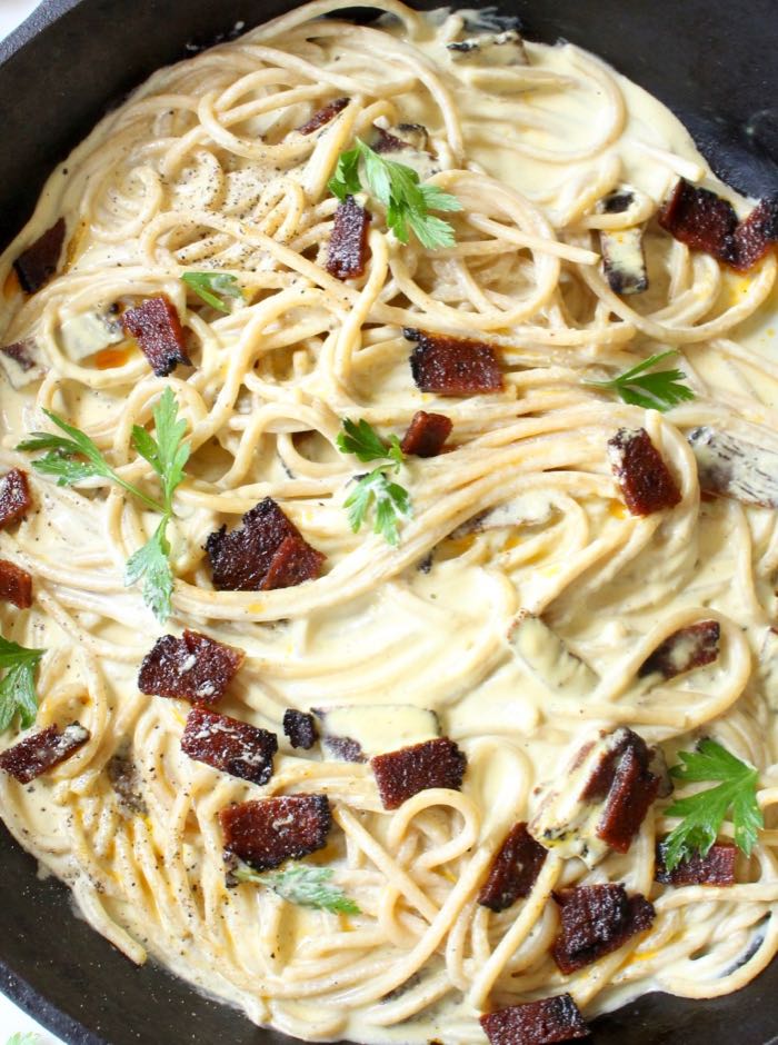 Vegan Spaghetti Carbonara with Cashew Cream Sauce and Sietan Bacon.