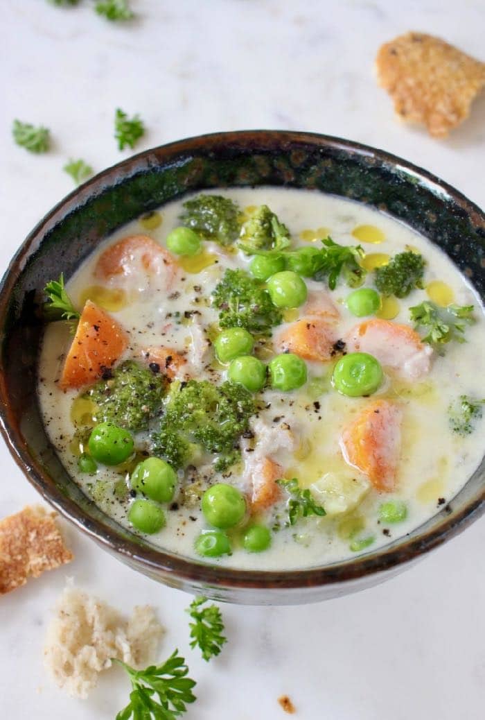 Bowl of vegan pot pie soup with a creamy white wine miso broth.