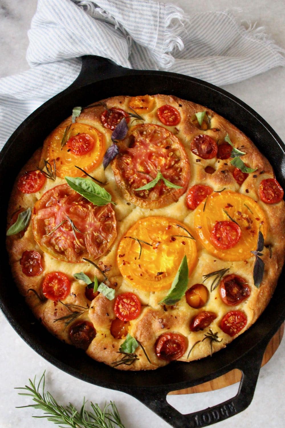 vegan focaccia bread with heirloom tomatoes
