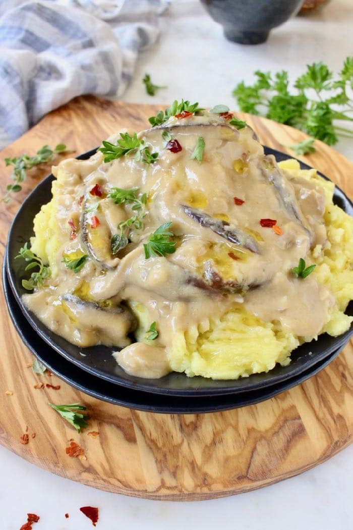 Vegan Shiitake Mushroom Gravy with Mashed Potatoes.
