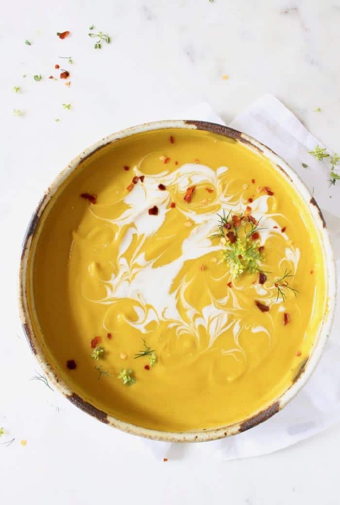 Creamy roasted butternut squash soup with apple.