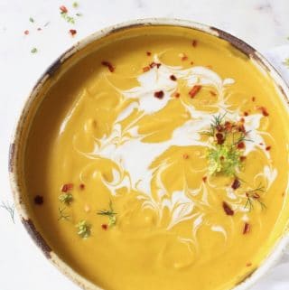 Vegan roasted butternut squash soup recipe with green apple and thyme.