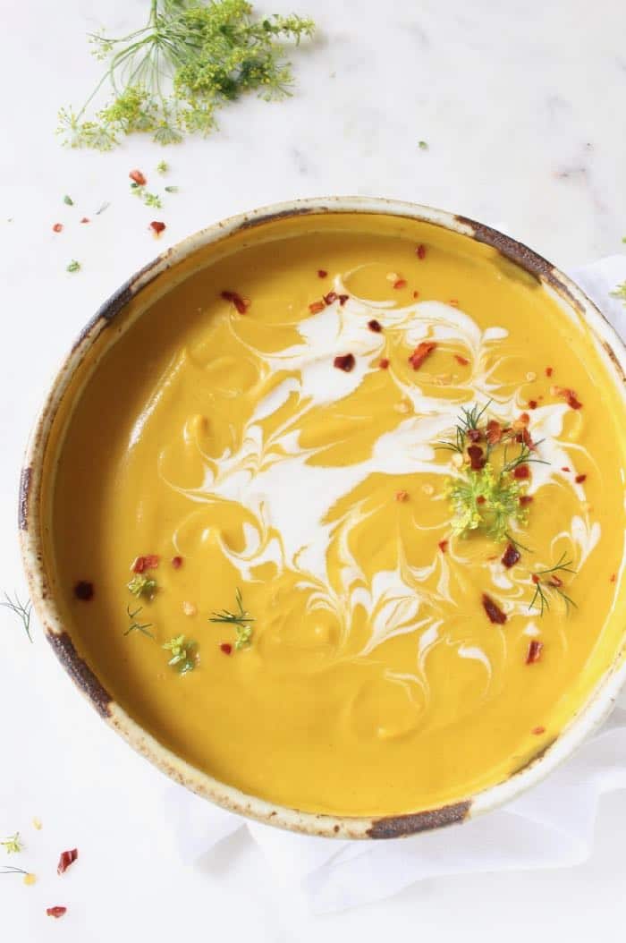 Vegan roasted butternut squash soup recipe with green apple and thyme.