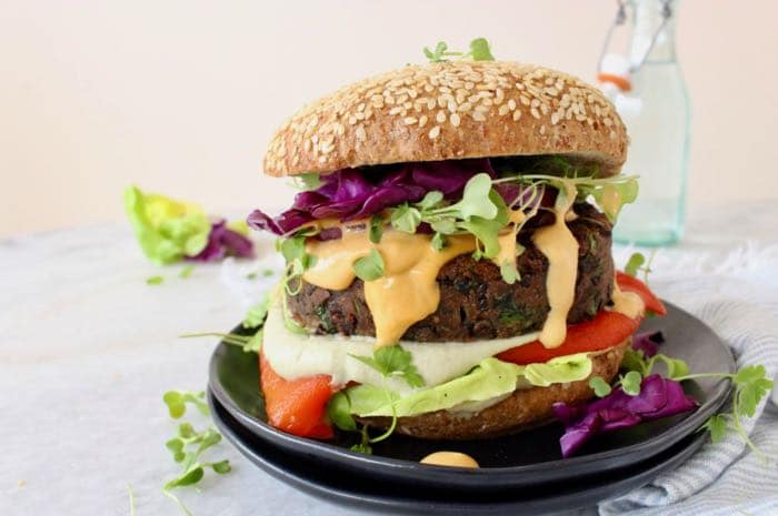 best veggie burger recipe loaded with protein from black beans, lentils, chickpeas and quick oats